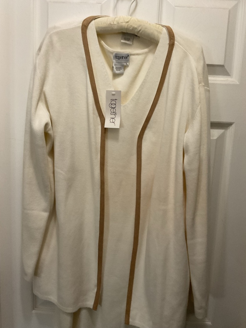 Together Cream Open-Front Cardigan with Tan Trim